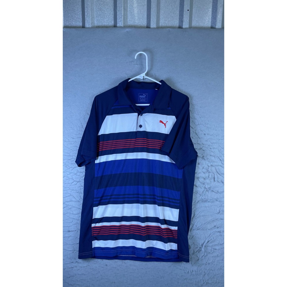Puma Polo Shirt Mens S Blue White Excellent Striped Short Sleeve Golf Logo